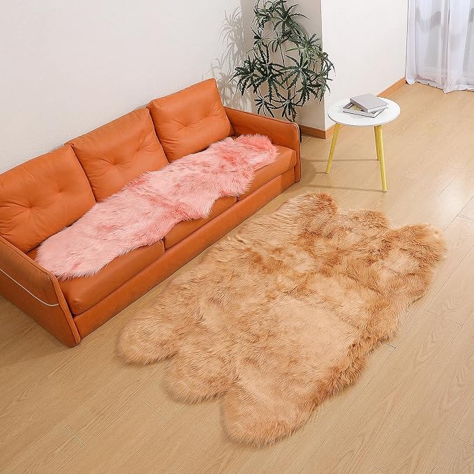 linmopm Faux Fur Rug Sheepskin Shag Fluffy Fuzzy Beige 4x6 ft Rugs - Image 3