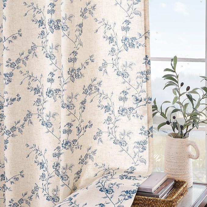 Lazzzy Blue Floral Linen Curtains 90 Inch Farmhouse Back Tab Drapes - Image 8