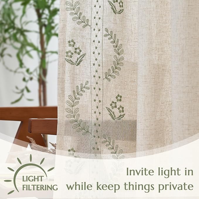 jinchan Belrose Linen Curtains for Bedroom Floral Curtains 108 Inch Length - Image 5