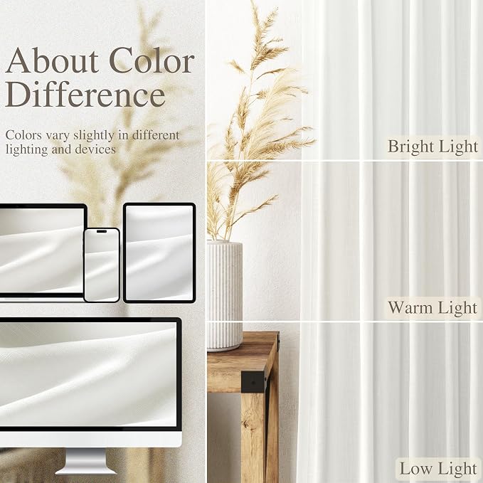 Nanspring Ivory Linen Blend Light Filtering Curtains 86 Inch Length 2 Panel Set - Image 4