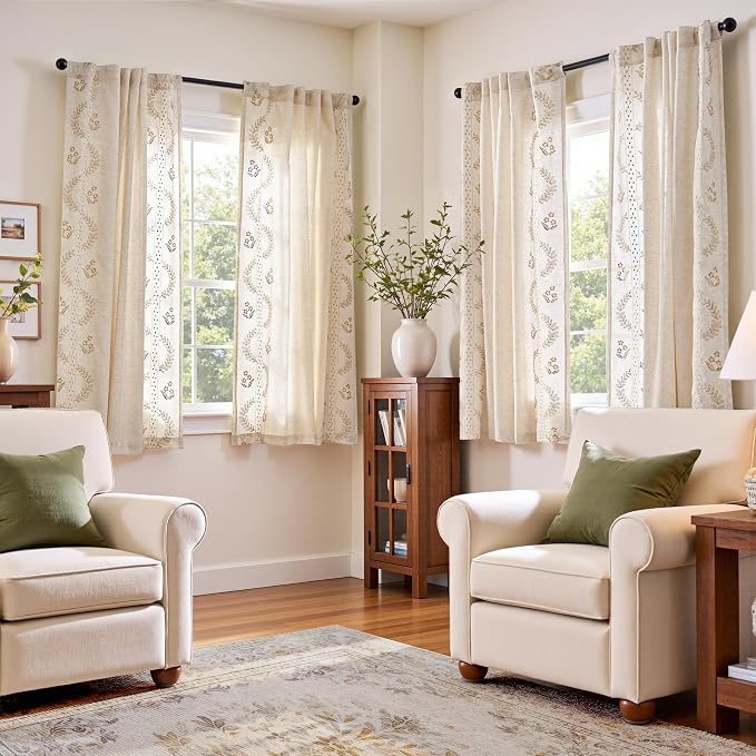 jinchan Belrose Linen Curtains for Bedroom Floral Curtains 63 Inch Length Linen by JINCHAN