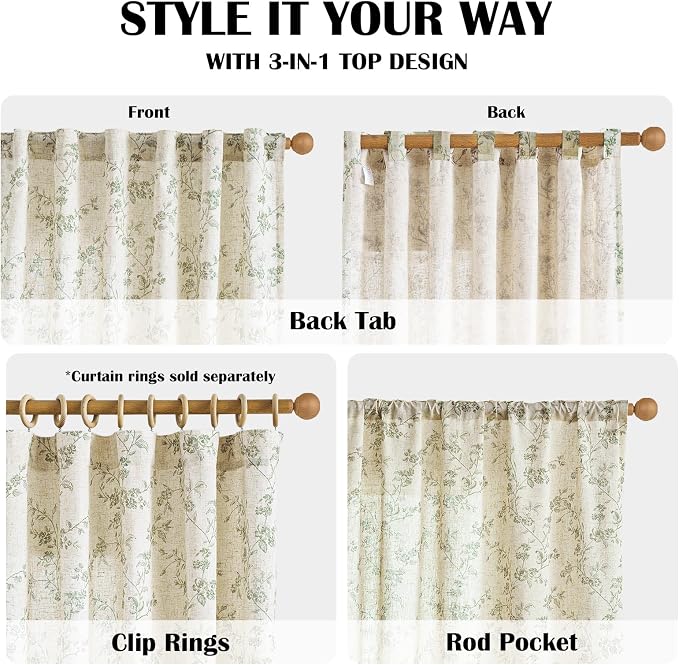 Lazzzy Green Floral Curtains 84 Inch Length Linen Farmhouse Curtain Back Tab - Image 5