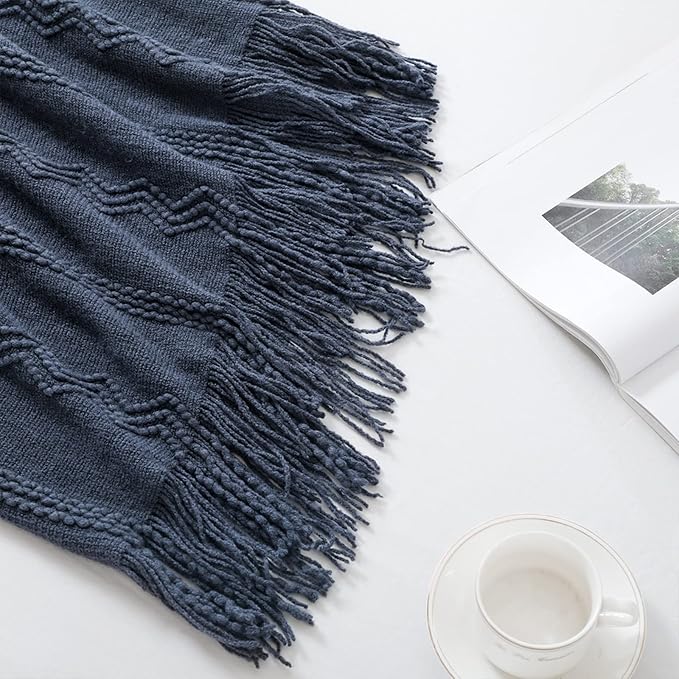BOURINA Navy Throw Blanket 50x60 Inches Throw Textured Solid Soft Sofa Throw - Image 5