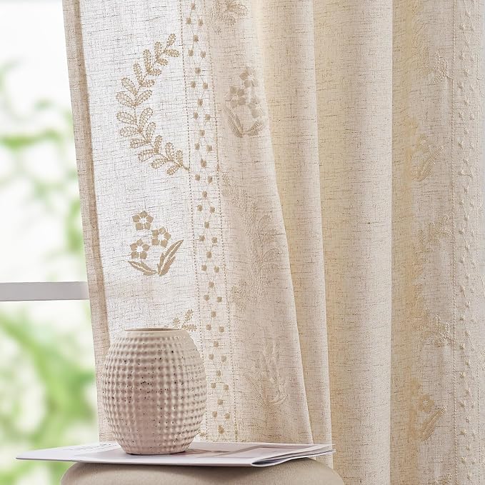 jinchan Belrose 4 Panel Curtains Set 90 Inch Length Floral Curtains Linen Blend - Image 3