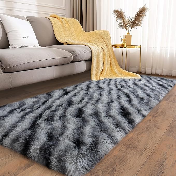 Soft Runner Rugs for Bedroom Hallways, 2x6 Black and White Fluffy Shag Throw - Image 3