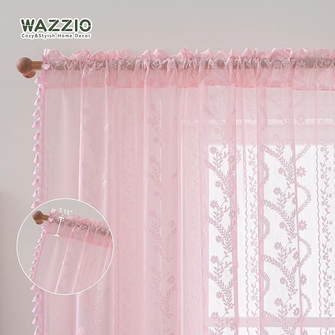 WAZZIO Boho Lace Curtains 63 Inch 2 Panels -Sheer Panel Drape Floral Pattern & - Image 6