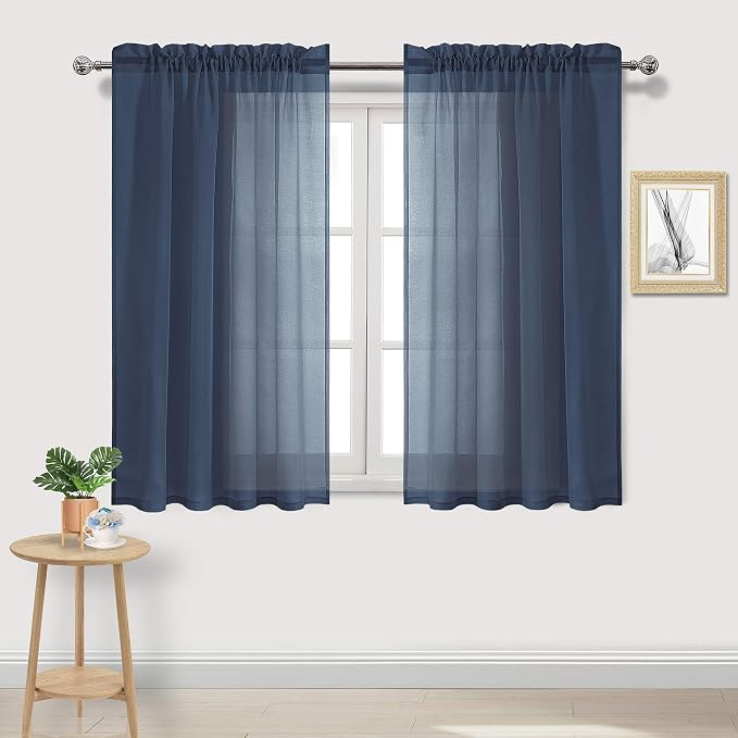 DWCN Navy Blue Sheer Curtains Semi Transparent Voile Rod Pocket Curtains by DWCN