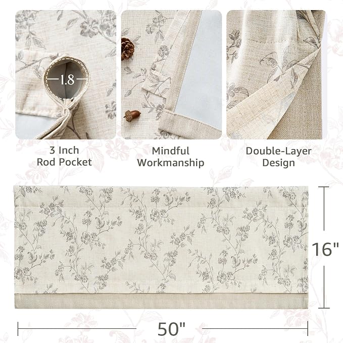 jinchan Linen Kitchen Valance for Windows 16 Inch Gray Floral Double Layer - Image 6