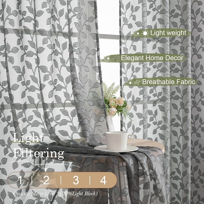 Chyhomenyc Extra Long Charcoal Grey Sheer Curtains 120 Inch Length 2 Panels Set - Image 2