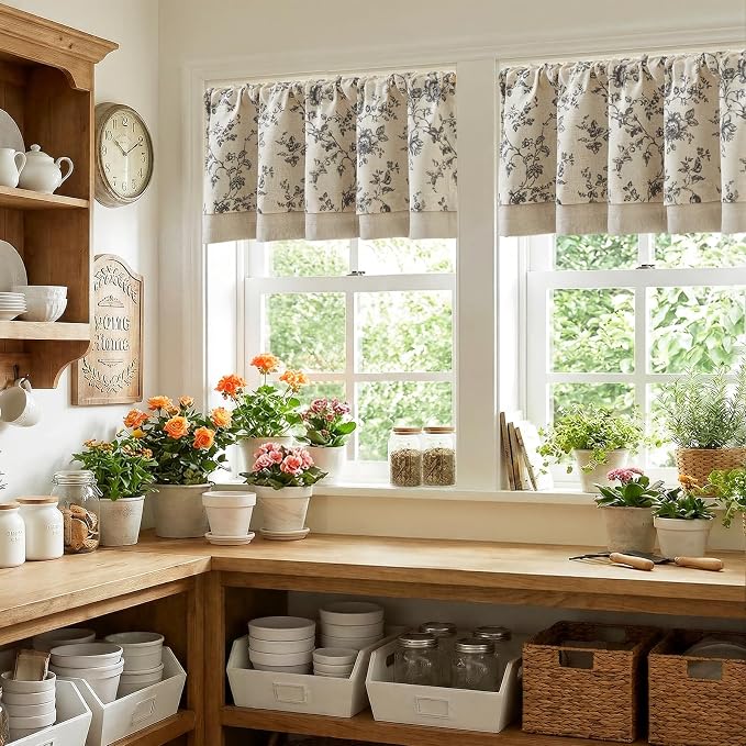 jinchan Amlie Floral Linen Valance Curtain Farmhouse Kitchen Valance - Image 3