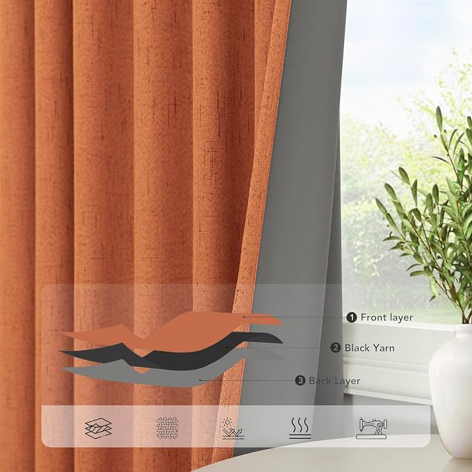 Burnt Orange 100% Blackout Window Curtain Panels Light Blocking Linen Boho - Image 5