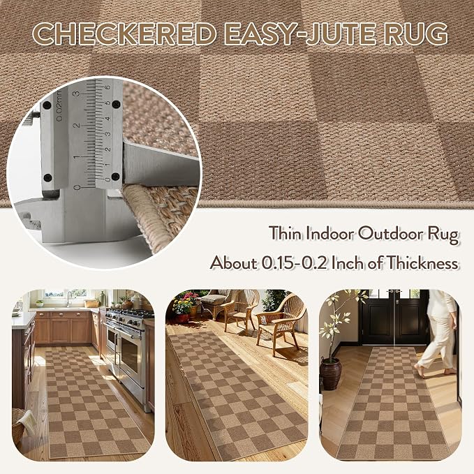 Lahome Colette Checkered Easy Jute Kitchen Runner, 2x8 Washable Indoor Outdoor - Image 4