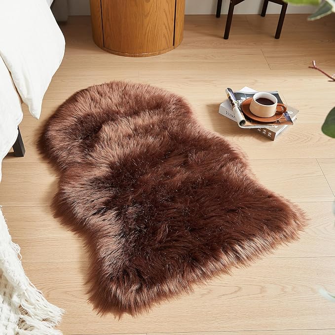 AMTOVO Faux Fur Rug, Coffee Small Area Rug, Fluffy Sheepskin Rug, Fuzzy Ultra - Image 4