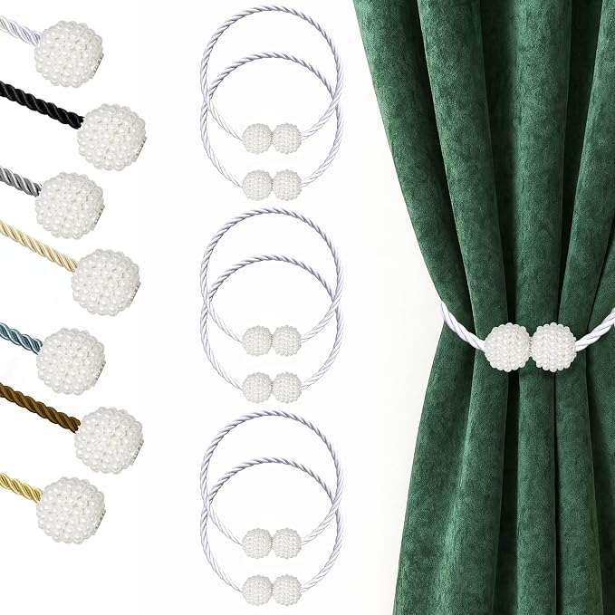 Hion Magnetic Curtain Tiebacks White 6 Pack, Curtain Tiebacks Buckles Holdbacks by Hion
