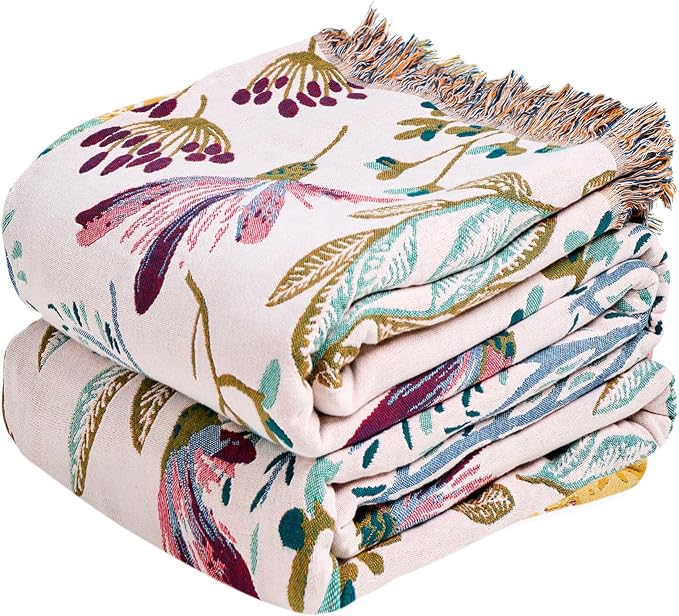 MSGKV Boho Throw Blanket for Couch 50"x60" Floral 100% Cotton Blanket Spring by MSGKVHomeTextiles
