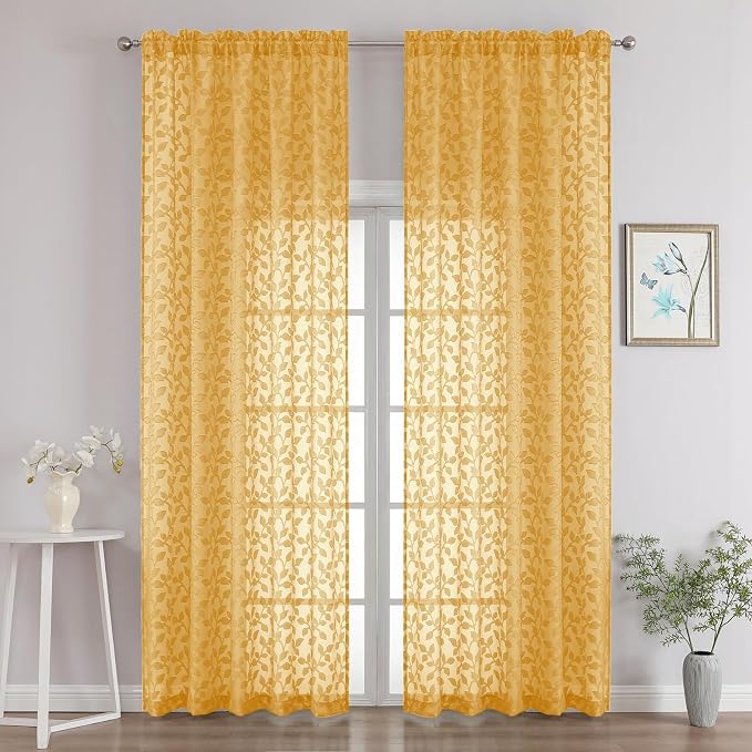 Chyhomenyc Gold Sheer Curtains 96 Inch Length 2 Panels Set, Light Filtering by Chyhomenyc