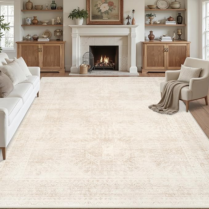 8x10 Area Rugs for Living Room: Vintage Boho Neutral Washable Rug Indoor Soft by Luxturiy