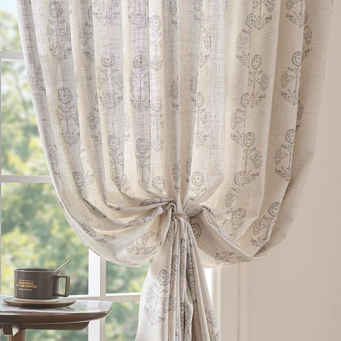jinchan Linen Floral Curtains for Living Room 96 Inch Length Gray Flower - Image 7