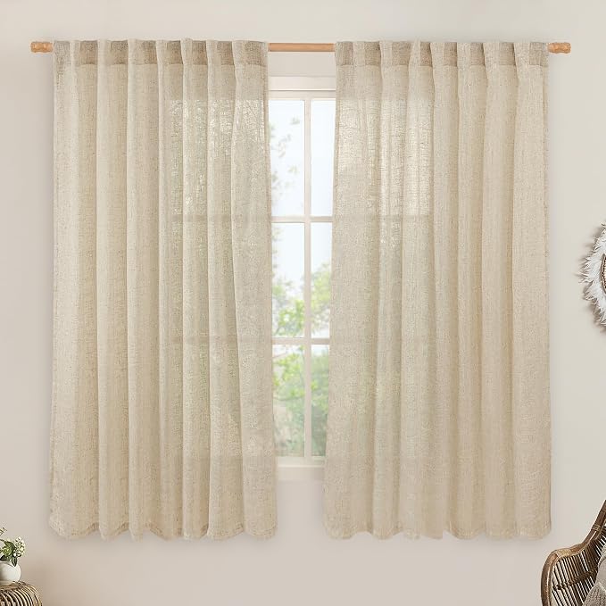 LAMIT Linen Curtains 63 Inch for Bedroom, Light Filtering Neutral Semi Sheer by LAMIT