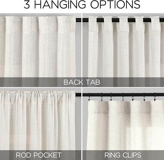 Linen Sheer Curtains 108 Inches Long Back Tab Rod Pocket 2 Panels Cream Semi - Image 3