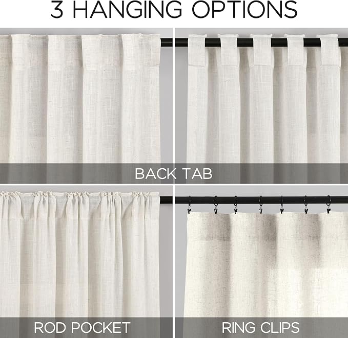 Nanspring Cream Linen Back Tab Curtains 86 Inch Length - Image 3