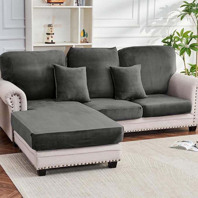 Couch Cover 6-Piece Elastic Velvet Couch Cushion Covers & Chaise Slipcovers by Taque