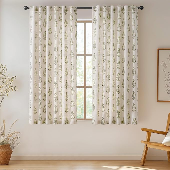 jinchan Linen Floral Curtains for Living Room 63 Inch Length Green Flower - Image 2