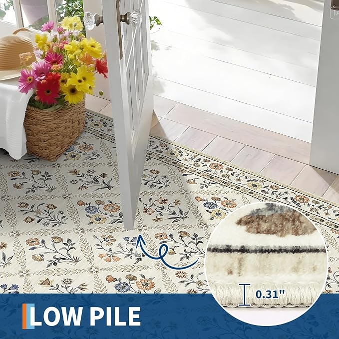 Floral Washable Entryway Rug Non-Slip 2x3 Front Door Mat Vintage Low-Pile Small - Image 2