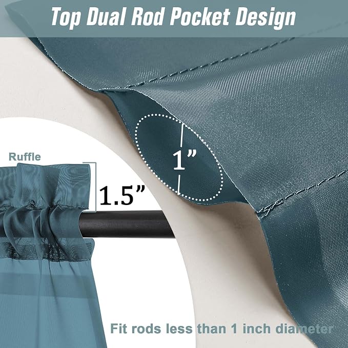 Dusty Blue Sheer Curtains 90 Inches Long 2 Panels, Light Filtering Solid Sheer - Image 3