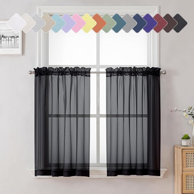 Lecloud 36 Inch Black Curtains Sheer Tiers by Lecloud