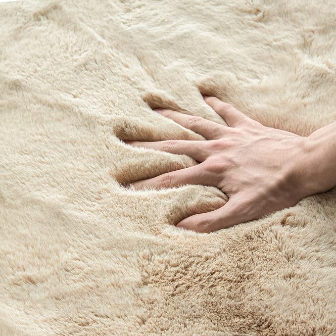 ORINOVA Washable Shag Round Rugs 6ft Camel Plush Faux Rabbit Furry Fur Rugs - Image 4