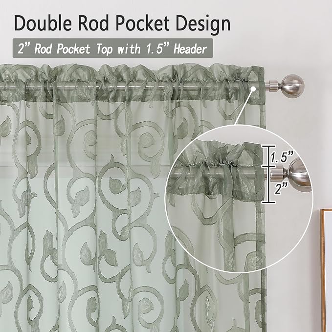 OWENIE Furman Sage Green Sheer Curtains 96 inches Extra Long - Image 4