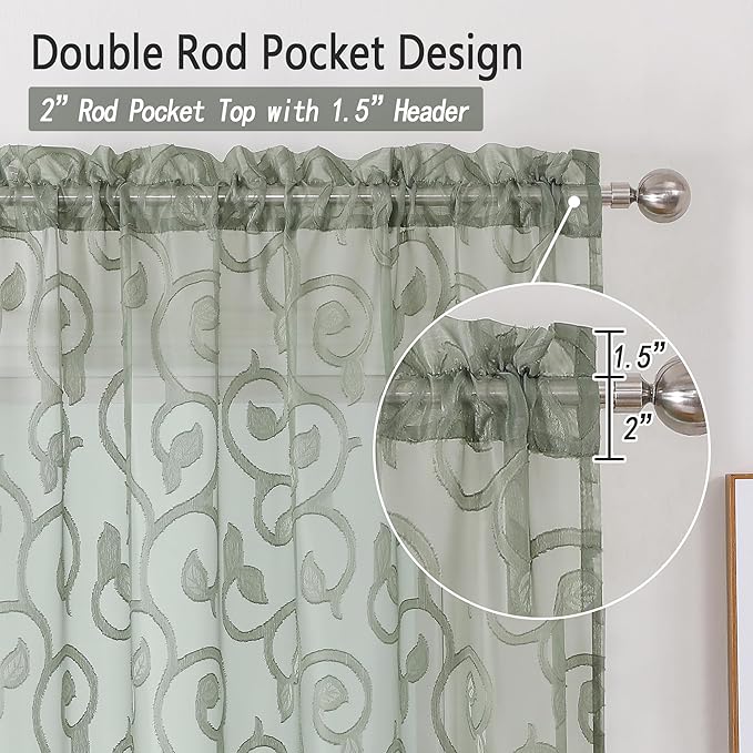 OWENIE Furman Sage Green Sheer Curtains 54 Inch Length 2 Panels Set - Image 4