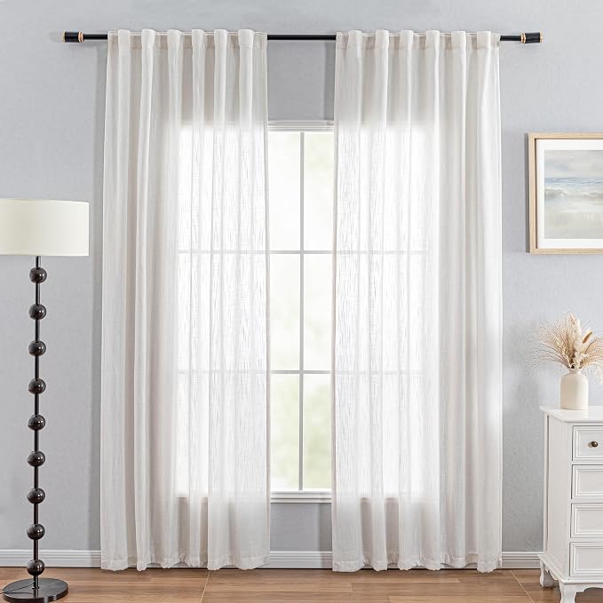 MYSKY HOME Natural Linen White Curtains 80 Inches Long, Semi Sheer Soft Cotton - Image 3