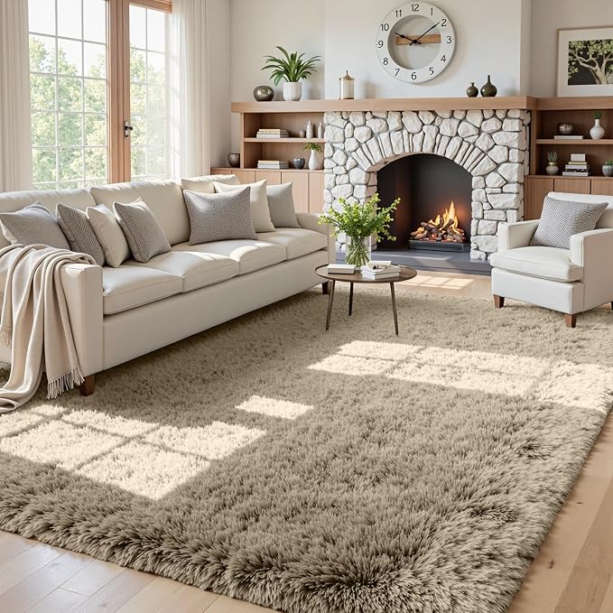 5x7 Area Rugs for Living Room: Soft Fluffy Shag Gray Camel Rugs for Bedroom by CarpetAddColortoYourLife