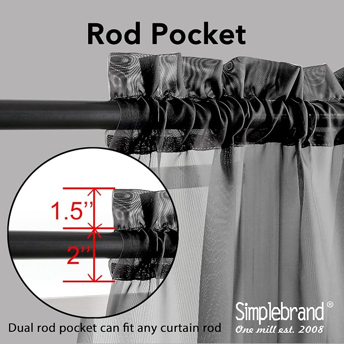 Simplebrand Black Sheer Curtains 108 Inches Long, Extra Long Rod Pocket Solid - Image 4