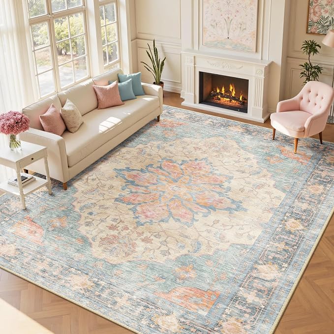 RELEANY Area Rugs 9'x12' Washable Non-Slip, Floral Vintage Distress Print by RELEANY