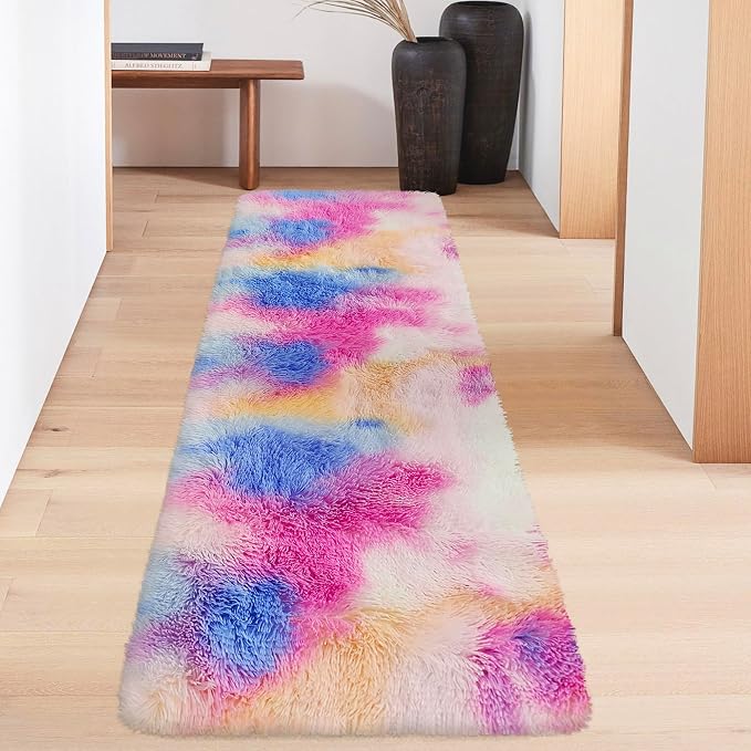 Fluffy Colorful Rug for Bedroom 2x6 ft Kawaii Tie-Dyed Area Rug Non Slip Cute - Image 5