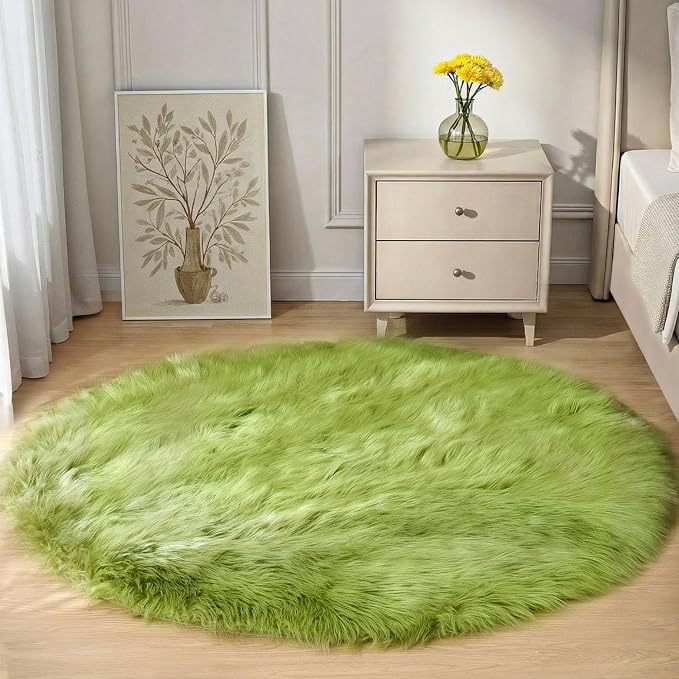 Goolela Lime Green Circle Rugs 4ft Fluffy Fuzzy Furry Rug by Goolela