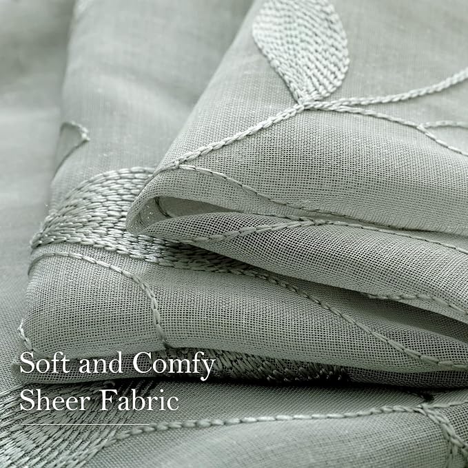 HOMEIDEAS Sage Green Sheer Curtains 52 x 54 Inch Length 2 Panels Embroidered - Image 4