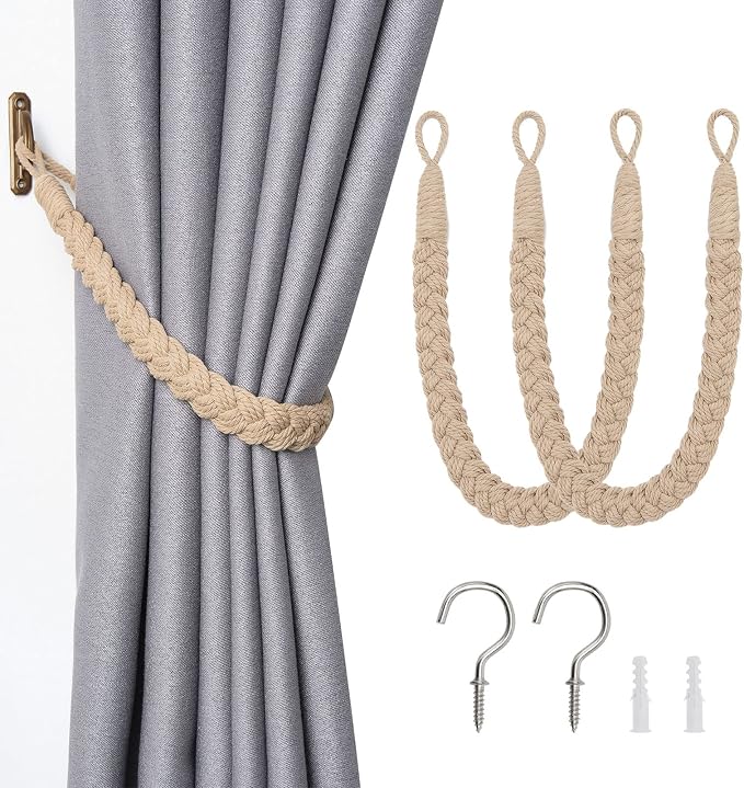 NICEEC 2 Pack Natural Cotton Rope Curtain Tiebacks Elegant Boho Style by NICEEC