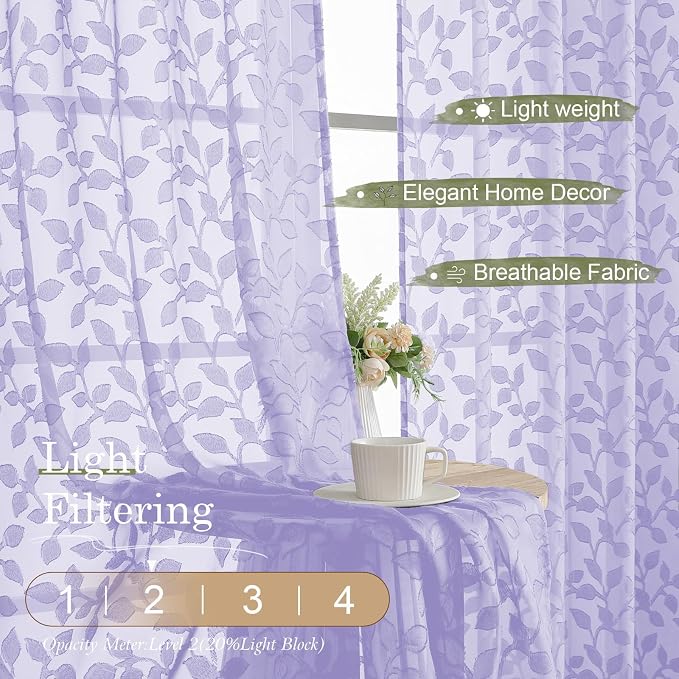 Chyhomenyc Light Purple Sheer Curtains 30 Inch Length, Light Filtering Leaf - Image 2