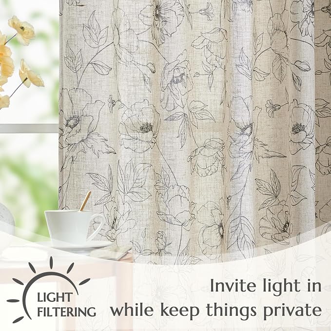 jinchan Linen Floral Curtains for Living Room 84 Inch Length Grey Flower - Image 3