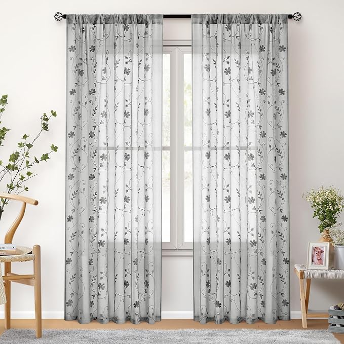HOMEIDEAS Grey Sheer Curtains 96 Inches Long 2 Panels Embroidered Floral - Image 7