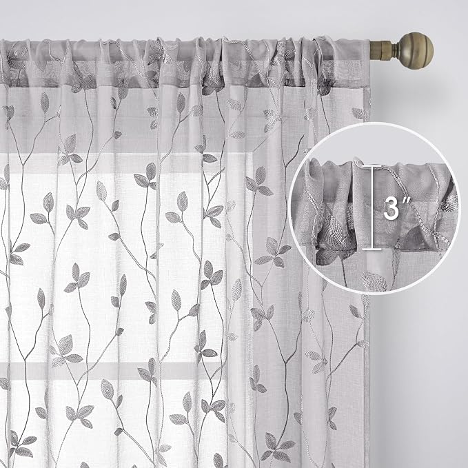 HOMEIDEAS Light Grey Sheer Curtains 52 X 96 Inches Length 2 Panels Embroidered - Image 4
