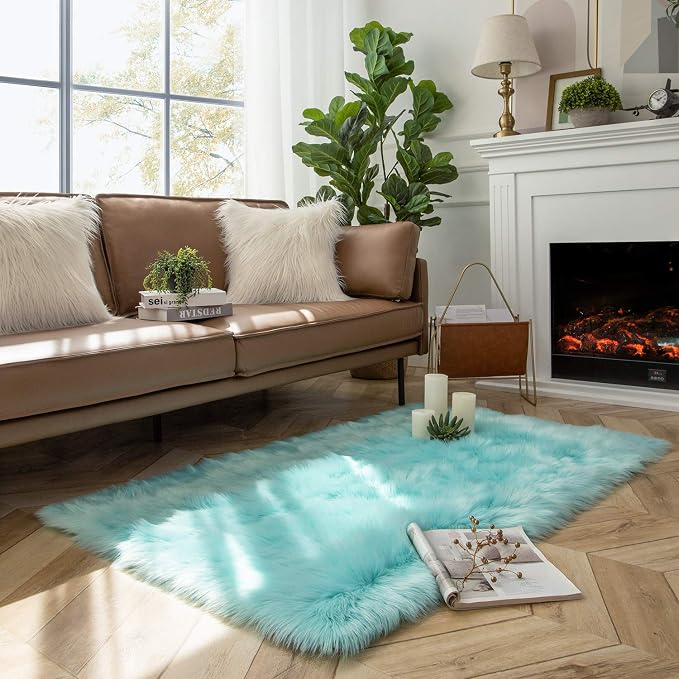 Ashler Faux Fur Area Rug, Fluffy Shaggy 3 x 5 Feet Rectangle Turquoise Fuzzy - Image 3