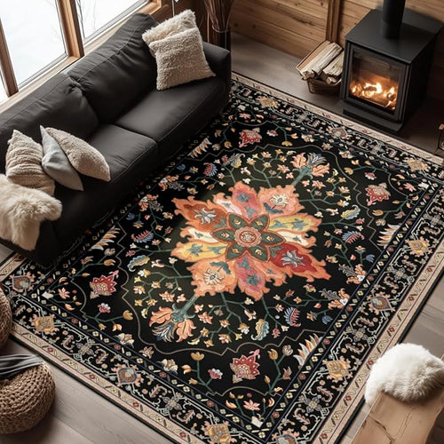 Area Rugs 6'x8' Washable Non-Slip, Floral Vintage Distress Print Pattern by RELEANY