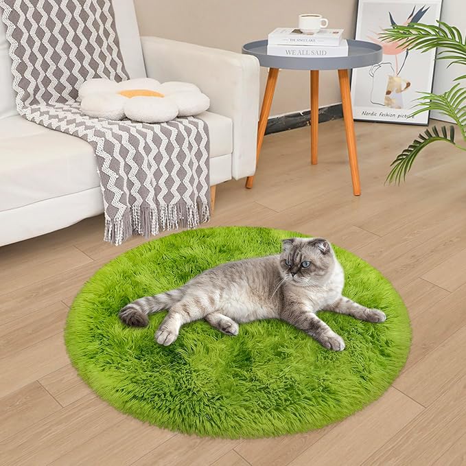 Tie Dye Green Round Rugs Small 3x3 ft Fluffy Circle Rug Furry Carpet Shaggy - Image 5