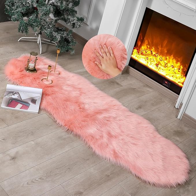 linmopm Faux Fur Rug Sheepskin Shag Fluffy Fuzzy Pink 2x6 ft Runner Rugs - Image 3