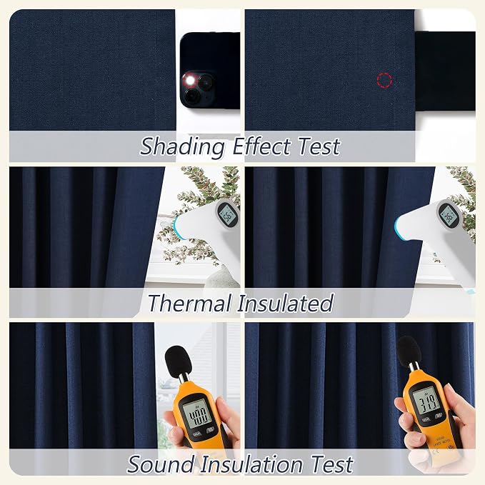 Guken Navy Blue 100% Blackout Linen Curtains 102 Inch Length 2 Panels Set - Image 4
